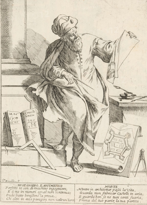 The Engineer and Mathematician, The Twenty-Four Hours of Human Happiness, Le Ventiquattr'Hore dell'humana felicità, print, Series number, 17, 24, The Engineer and Mathematician (Ingegniero e Aritmetico). Man with compass and architectural design in hand. On the ground a book on mathematics and a document on fortification. With two four-line verses in Italian. Numbered top right: 17. Part of the series 'The Twenty-Four Hours of Human Happiness'., printmaker: Giuseppe Maria Mitelli, 1675, paper, etching, engraving, height 275 mm x width 200 mm, height 394 mm x width 280 mm, compasses, fortifications, military engineering, the 24 hours of day and night, scenes symbolizing 'Vanitas', engineering, personifications, the life of man, mathematics (scholar, scientist (at work)), A detailed pen-and-ink drawing of an elderly bearded man seated on a raised surface, wearing a long robe and a soft hat, holding a large sheet of paper in one hand and a pair of dividers in the other; draped cloth falls...
