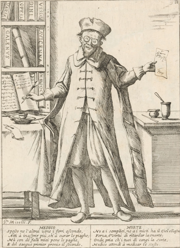 The Physician, The Twenty-Four Hours of Human Happiness, Le Ventiquattr'Hore dell'humana felicità, print, Series number, 18, 24, A physician (Medico). Standing man with glasses in a study with a bookcase, writing in a book, a sheet of paper in the other hand. With two four-line verses in Italian. Numbered top right: 18. Part of the series 'The Twenty-Four Hours of Human Happiness'., printmaker: Giuseppe Maria Mitelli, 1675, paper, etching, engraving, height 275 mm x width 200 mm, height 394 mm x width 280 mm, physician, doctor, the 24 hours of day and night, scenes symbolizing 'Vanitas', personifications, the life of man, An ink drawing of a standing man wearing round spectacles, a soft cap, a high-collared coat with toggles, and a long cloak, shown full length with visible facial hair and a slight smile; he holds a quill in one hand poised over an open book on a table filled with dishes and writing implements, and a sheet of paper in the other hand; to his left a tall bookshelf with l...