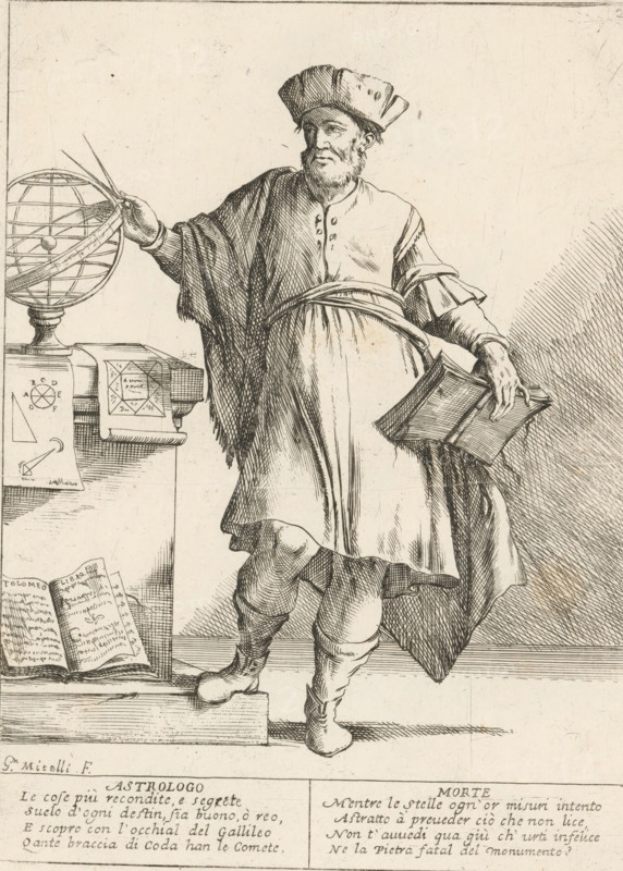 The Astrologer, The Twenty-Four Hours of Human Happiness, Le Ventiquattr'Hore dell'humana felicità, print, Series number, 20, 24, An astrologer (Astrologo) standing next to an armillary sphere, compass in hand, surrounded by books and papers (including a birth chart and a book by Ptolemy). With two four-line verses in Italian. Numbered top right: 20. Part of the series 'The twenty-four hours of human happiness'., printmaker: Giuseppe Maria Mitelli, 1675, paper, etching, engraving, etching and engraving, height 275 mm x width 200 mm, height 394 mm x width 280 mm, the 24 hours of day and night, scenes symbolizing 'Vanitas', armillary sphere, skeleton celestial globe, personifications, the life of man, astrologer at work, horoscope, A monochrome etching of a bearded man wearing a brimmed hat and layered robe, standing with one foot on a raised step and the other on the floor, one arm extended toward a spherical armillary on a pedestal and the other holding an open book, with folded draper...