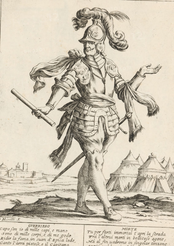 The Soldier, The Twenty-Four Hours of Human Happiness, Le Ventiquattr'Hore dell'humana felicità, print, Series number, 21, 24, A soldier (Guerriero). Standing military commander, command staff in hand, an army camp on the right. With two four-line verses in Italian. Numbered top right: 21. Part of the series 'The Twenty-Four Hours of Human Happiness'., printmaker: Giuseppe Maria Mitelli, 1675, paper, etching, engraving, height 275 mm x width 200 mm, height 394 mm x width 280 mm, commander-in-chief, general, marshal, (military) camp with tents, the 24 hours of day and night, scenes symbolizing 'Vanitas', personifications, the life of man, A detailed ink drawing shows a figure in ornate armor walking across a landscape, wearing a plumed helmet with decorative scrollwork and a flowing plume, a breastplate with engraved ornament, layered tassets at the waist, and articulated arm and leg armor; a sash is tied around the waist with a long scarf-like cloth draped from one arm and a separate c...