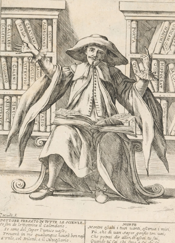 The Know-it-all, The Twenty-Four Hours of Human Happiness, Le Ventiquattr'Hore dell'humana felicità, print, Series number, 22, 24, A scientist who knows everything (Dottore Versato). Man sitting in a study surrounded by bookcases with books. With two four-line verses in Italian. Numbered top right: 22. Part of the series 'The Twenty-Four Hours of Human Happiness'., printmaker: Giuseppe Maria Mitelli, 1675, paper, etching, engraving, height 275 mm x width 200 mm, height 394 mm x width 280 mm, book, scholar in his study, the 24 hours of day and night, scenes symbolizing 'Vanitas', personifications, the life of man, A seated man wearing a wide-brimmed hat and a long cloak with voluminous sleeves sits between bookshelves, his arms raised with gloved hands gesturing outward; he has a mustache and small beard, a layered collar over a buttoned garment, and an open book resting on his lap with loose pages visible; the shelves behind him hold many upright books with visible spines, and decorati...