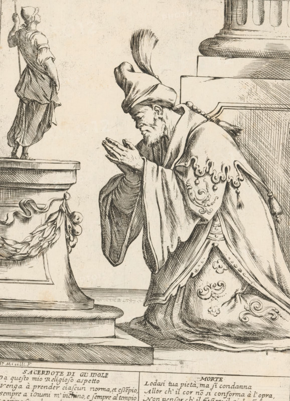 The Priest and the Idol Worshipper, The Twenty-Four Hours of Human Happiness, Le Ventiquattr'Hore dell'humana felicità, print, Series number, 23, 24, The Priest and the Idol Worshipper (Sacerdote di gli'idoli). A priest kneels before an idol. With two four-line verses in Italian. Numbered top right: 23. Part of the series 'The twenty-four hours of human happiness'., printmaker: Giuseppe Maria Mitelli, after design by Giuseppe Maria Mitelli, 1675, Giuseppe Maria Mitelli, printmaker, paper, etching, engraving, etching and engraving, height 275 mm x width 200 mm, height 394 mm x width 280 mm, the 24 hours of day and night, scenes symbolizing 'Vanitas', personifications, the life of man, Idolatry, 'Idololatria', 'Religione finta' (Ripa), A detailed monochrome line drawing shows a kneeling bearded man wearing a flowing ornate robe and a tall hat with a feather, his hands held together in front of his face; he is positioned beside a large architectural pedestal topped with a small standing f...