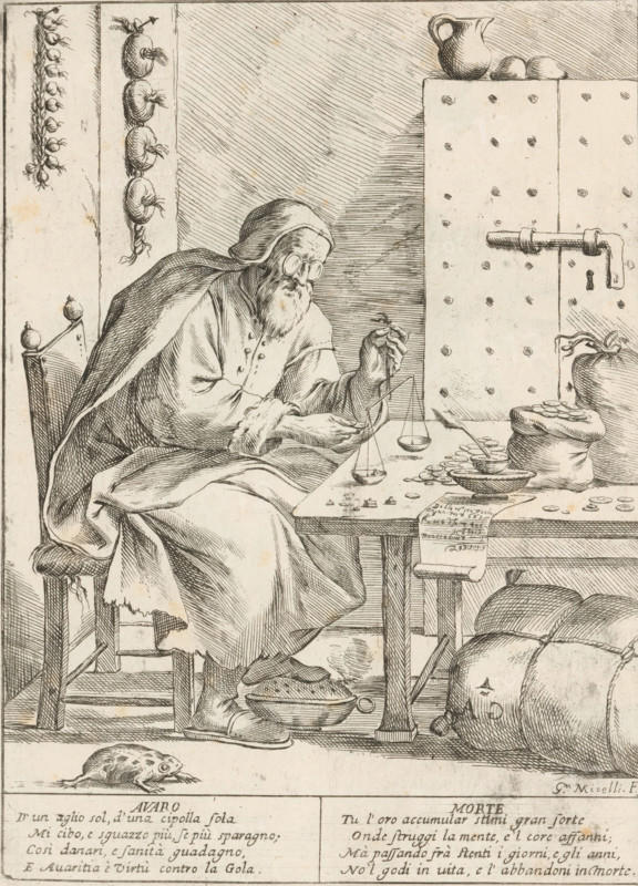 The Miserly Man, The Twenty-Four Hours of Human Happiness, Le Ventiquattr'Hore dell'humana felicità, print, Series number, 2, 24, A miserly man (Avaro) with glasses weighs coins in his office, with one foot on a footstool. In the foreground a toad or frog. On the wall strings of garlic. In front of the wall a safe. With two four-line verses in Italian. Numbered top right: 2. Part of the series 'The Twenty-Four Hours of Human Happiness'., printmaker: Giuseppe Maria Mitelli, 1675, paper, etching, engraving, height 275 mm x width 200 mm, height 394 mm x width 280 mm, coin, the 24 hours of day and night, scenes symbolizing 'Vanitas', tailless amphibians: frog, tailless amphibians: toad, Covetousness, 'Avaritia' (Ripa), personification of one of the Seven Deadly Sins, personifications, the life of man, safe, strongbox, weighing gold or money, An old man with a beard and round spectacles sits on a carved wooden chair draped in a heavy cloak and robe, leaning over a table while holding a smal...