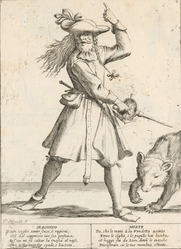 The Impetuous Man, The Twenty-Four Hours of Human Happiness, Le Ventiquattr'Hore dell'humana felicità, print, Series number, 4, 24, An impetuous man (Iracondo) with a drawn sword and long hair points upwards with one hand. To the right, a bear. With two four-line verses in Italian. Numbered top right: 4. Part of the series 'The Twenty-Four Hours of Human Happiness'., printmaker: Giuseppe Maria Mitelli, 1675, paper, etching, engraving, height 275 mm x width 200 mm, height 394 mm x width 280 mm, the 24 hours of day and night, scenes symbolizing 'Vanitas', beasts of prey, predatory animals: bear, Anger, 'Ira' (Ripa), personification of one of the Seven Deadly Sins, personifications, the life of man, aggressive relationships, enmity, animosity, A pen-and-ink drawing of a man in period clothing shown from head to mid-legs, wearing a wide-brimmed hat with a plume, long flowing hair and a braided lock tied with a bow, a mustache and beard, a doublet with a wide collar and a belted skirt, one ...