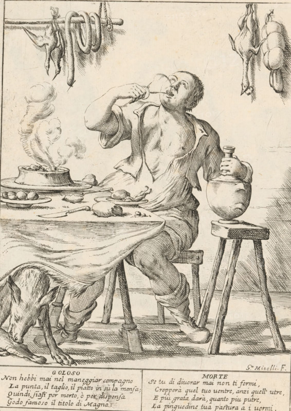 The Glutton, The Twenty-Four Hours of Human Happiness, Le Ventiquattr'Hore dell'humana felicità, print, Series number, 5, 24, A gluttonous man or voracious eater (Goloso) seated at a table laden with foodstuffs drinks from a glass. Sausages and poultry hang on the wall. Under the table, a pig gnaws at a piece of meat. With two four-line verses in Italian. Numbered top right: 5. Title print for the series 'The twenty-four hours of human happiness'., printmaker: Giuseppe Maria Mitelli, 1675, paper, etching, engraving, etching and engraving, height 275 mm x width 200 mm, height 394 mm x width 280 mm, drinking, pig, the 24 hours of day and night, eating, scenes symbolizing 'Vanitas', Gluttony, Intemperance, 'Gula', 'Gola', 'Ingordigia', 'Ingordigia overo Avidità', 'Voracità' (Ripa), personification of one of the Seven Deadly Sins, personifications, the life of man, A man sits at a table with a cloth, his shirt open at the chest and one sleeve rolled, raising a cup to his mouth while holdin...