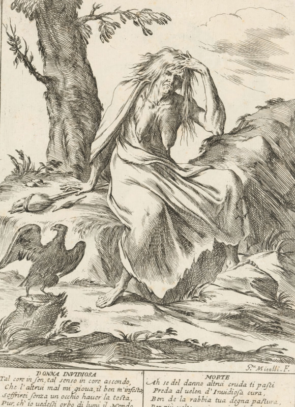 The Envious Woman, The Twenty-Four Hours of Human Happiness, Le Ventiquattr'Hore dell'humana felicità, print, Series number, 6, 24, An envious or spiteful old woman (Donna Invidiosa), half-naked with sagging breasts and disheveled hair. In the foreground an eagle. With two four-line verses in Italian. Numbered top right: 6. Part of the series 'The twenty-four hours of human happiness'., printmaker: Giuseppe Maria Mitelli, 1675, paper, etching, engraving, etching and engraving, height 275 mm x width 200 mm, height 394 mm x width 280 mm, Envy, 'Invidia' (Ripa), personification of one of the Seven Deadly Sins, predatory birds: eagle, breasts - AA - female human figure, the 24 hours of day and night, scenes symbolizing 'Vanitas', personifications, the life of man, A seated woman with long hair swept across her face holds one hand to her forehead and wears a flowing draped garment that falls over her legs; she is positioned beside a large tree trunk with textured bark and a branch extending...