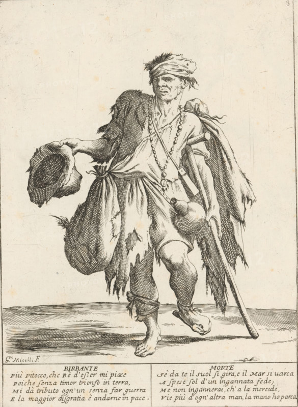 The Rogue, The Twenty-Four Hours of Human Happiness, Le Ventiquattr'Hore dell'humana felicità, print, Series number, 8, 24, A vagabond or beggar (Birbante) in torn clothing, with a crutch and begging with a hat in his hand. With two four-line verses in Italian. Numbered top right: 8. Part of the series 'The Twenty-Four Hours of Human Happiness'., printmaker: Giuseppe Maria Mitelli, 1675, paper, etching, engraving, height 275 mm x width 200 mm, height 394 mm x width 280 mm, the poor, 'fahrende Leute', vagrants, beggar, the 24 hours of day and night, scenes symbolizing 'Vanitas', personifications, the life of man, A pen-and-ink drawing of a ragged man standing barefoot on a textured ground, wearing a torn cloak and a headscarf, with disheveled hair and a beaded necklace draped across his chest; he holds a wide-brimmed hat in one hand and leans on a staff with the other, a gourd-like flask hanging from his belt, his clothing showing frayed edges and patches, and his legs wrapped with stri...