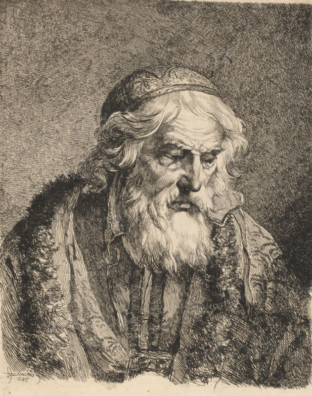 Portrait of an old man, also called 'The Greek Priest', print, printmaker: François André Vincent, 1782, paper, etching, height 237 mm x width 195 mm, anonymous historical person depicted, old man, priest (Eastern, Greek and Russian orthodox), An ink drawing of an elderly man shown from the chest up, with a long flowing beard and wavy hair partially covered by a cap; his face is heavily lined with deep wrinkles and downcast eyes, and his expression appears somber; he wears a thick textured cloak with fur trim and layered clothing beneath, rendered with dense crosshatching and fine lines that create strong contrasts and detailed textures against a heavily shaded background.