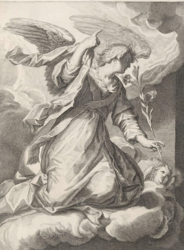 Angel Gabriel, print, The Archangel Gabriel on a cloud. In his left hand he holds a lily and his right hand is raised., printmaker: CA Tuchs (signed by artist), Netherlands, after print by Willem van de Passe, after design by Abraham Bloemaert, 1865-03-01, Willem van de Passe, after print by, paper, engraving, height 263 mm x width 214 mm, the Archangel Gabriel, A monochrome engraving shows a robed winged figure seated on clouds, one arm raised with a draped sleeve and the other extended holding a long-stemmed flower; the figure has curly hair and a downward-turned face, and large detailed feathers form a visible wing behind the shoulder. The drapery of the robe is heavily folded and textured with fine line work, flowing over the clouds and pooling beneath the figure. A smaller partially visible cherubic head lies among the clouds near the extended hand, looking upward. The background features layered, swirling cloud forms rendered with cross-hatching and delicate parallel lines, and t...