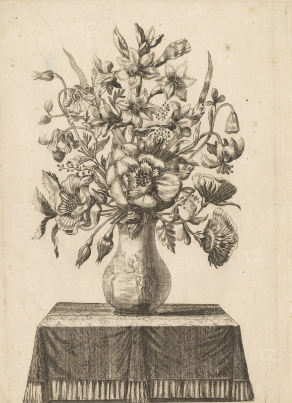Flowers in vase depicting Saint Christopher with the Christ Child, print, Series number, 51, Numbered bottom left: 51., France (possibly), c. 1650 - c. 1750, printmaker, paper, etching, height 290 mm x width 193 mm, flowers in a vase, flowers: poppy, flowers: narcissus, St. Christopher, with the infant Christ on his shoulders, wading through the water and carrying his staff (palm-tree), sometimes a hermit stands on the further bank beside a chapel, a lantern in his hand, table-cloth, A detailed ink drawing of a large bouquet of assorted flowers with varied petals and leaves arranged in a rounded vase sitting on a rectangular table covered by a patterned cloth; the flowers include multiple open blooms, buds, drooping bell-shaped blossoms, and elongated leaves rendered with fine line work and shading, the vase shows reflected highlights and subtle surface decoration, and the tablecloth displays an ornate repeating pattern and a fringed lower edge, all on a light, textured background.
