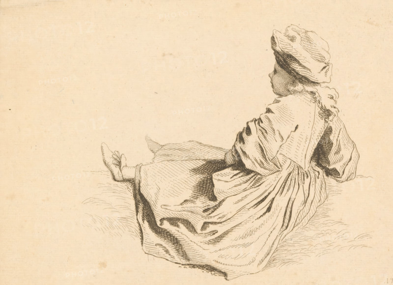 Sitting child with hat and dress, seen from the side, Prints after drawings by Watteau, Figures de différents caractères, de Paysages, et d'Etudes dessinées d'après nature par Antoine Watteau, print, Numbered lower right: 177., printmaker: Jean Audran, France, after drawing by Jean Antoine Watteau, grantor of privilege: Louis XV of France, 1728, paper, etching, height 175 mm x width 245 mm, Print was used in 1728 for the second part of 'Figures de différents caractères, ', a project in which fifteen printmakers participated. The plates were printed by Jean de Julienne. The first part contains numbers 1 to 132 and was advertised in the Mercure in 1726. The second part contains 133 to 350 and was advertised in 1728. In 1739, the plates were sold to Chereau, after which they came into the hands of Huquier. He placed his address on the plates., head-gear: hat, sitting on the ground, child, A sepia-toned line drawing of a seated child shown in profile facing right, wearing a loose dress wit...