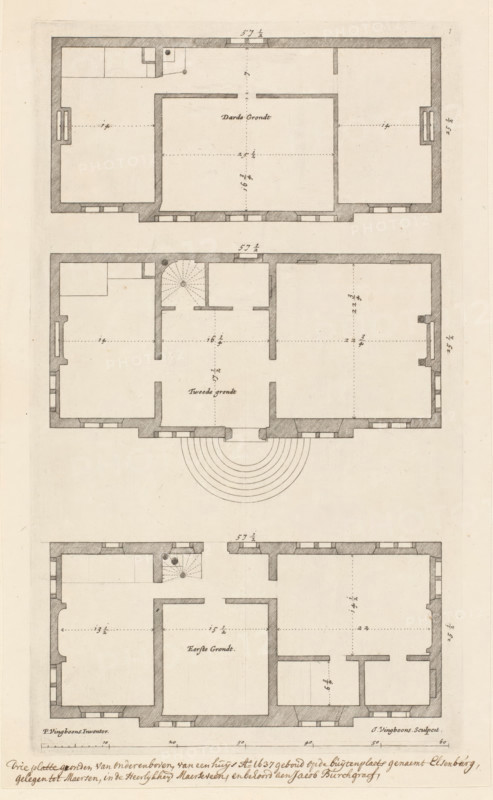 Floor plan of the country house Elsenburg in Maarsseveen, Main designs by Philips Vinckboons, Illustrations of the most prominent buildings from all those Philips Vingboons ordained, print, Three-story floor plan of the country estate Elsenburg in Maarsseveen, built in 1637. Numbered top right: 1., inscription: 'Three floor plans from bottom to top, of a house Ao. 1637 built on the country estate named Elsenburg, situated in Maersen, in the Lordship of Maerseveen, and belonging to Jacob Burchgraef', printmaker: Johannes Vinckboons, Amsterdam, after design by Philips Vinckboons (II), 1648, paper, etching, paste, pasted on an album page, height 316 mm x width 185 mm, Print probably from: Afbeelsels der voornaemste bouwen uyt alle die Philips Vingboons geordineert heeft. Amsterdam: Philips en Johannes Vinckboons en Johannes Willemszoon Blaeu, 1648., country-house, plan, architecture, Maarssen, Maarsseveen, A horizontal section of a technical drawing showing three adjacent floor plans rend...