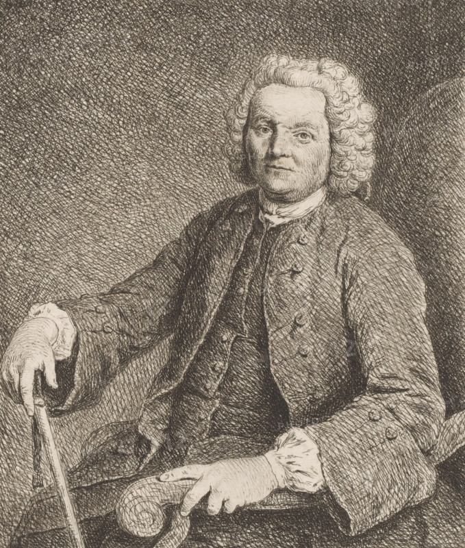 Portrait of Johann Georg Glume, father of the artist, print, printmaker: Johann Gottlieb Glume, Berlin (possibly), 1748, paper, etching, height 155 mm x width 132 mm, Person, Johann Georg Glume, historical persons, old man, A seated man with a curled wig and a high-collared shirt is shown from the waist up in a detailed pen-and-ink style portrait, wearing a buttoned coat with visible buttons and textured fabric; one hand rests on a cane while the other hand touches a rounded armrest, and the background is filled with dense crosshatched lines.