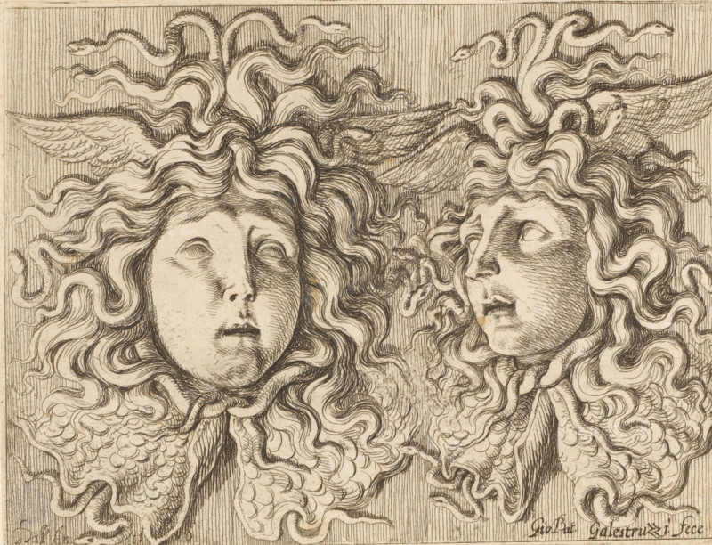 Two heads of Gorgons, print, printmaker: Giovanni Battista Galestruzzi, Italy, after sculpture by anonymous, c. 1650 - c. 1670, after sculpture by, paper, etching, height 101 mm x width 132 mm, piece of sculpture, reproduction of a piece of sculpture, Gorgoneion, head of Medusa, Gorgons, Two large carved faces appear close together, both with flowing, wavy hair rendered in intricate dark lines; the face on the left looks forward with slightly open lips and closed eyes while the face on the right is turned slightly toward the left with parted lips and an upward gaze. Serpents are intertwined among the hair, their sinuous bodies and small heads woven through the curls. Feathered wings emerge near the top of each head, detailed with fine lines for the feathers. The background consists of closely spaced vertical hatch marks, and the whole image is executed in a monochrome pen-and-ink or etching style with textured shading and crosshatching.