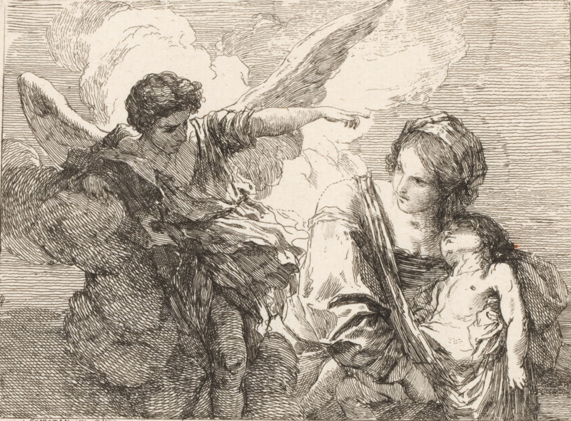 The angel appears to Hagar and Ishmael in the desert, print, printmaker: Charles François Hutin, Paris, c. 1750 - c. 1775, paper, etching, height 116 mm x width 151 mm, an angel appears and reveals a well of water to Hagar, A detailed pen-and-ink scene shows three figures against a background of crosshatched sky and billowing clouds. On the left, a winged figure with curly hair leans forward, one arm extended toward the center, wearing draped, textured garments and large feathered wings. In the center, a seated figure with soft facial features looks toward the left figure, wrapped in flowing cloth with a visible shoulder and arm. On the right, a smaller, reclining figure rests against the central figure, head tilted back and eyes closed, with loose hair and a partially exposed torso; all figures are rendered with fine lines and dense hatching to create shading and form.