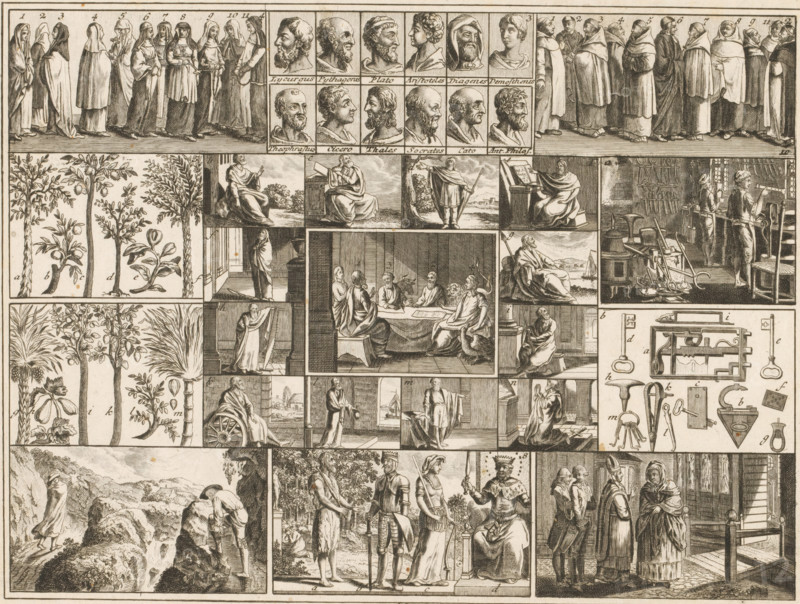 Sheet with various encyclopedic illustrations, Encyclopedic illustrations for youth, Bilder-Akademie für die Jugend, print, In the center, the four evangelists at a table. Surrounding various other illustrations, including a smithy, locks and keys, trees, and portraits of classical philosophers. The various illustrations are marked with a number or letter. Numbered bottom center: 50., printmaker: Johann Georg Penzel, Germany, 1784, paper, etching, stippelwerk, engraving, height 208 mm x width 278 mm, Print is part of a series of encyclopedic prints by various artists, published by Johann Sigmund Stoy's 'Bilder-Akademie für die Jugend' in Nuremberg in 1784. The prints were intended for children to cut out, paste onto cards, and then arrange in a logical manner, see also Te Heesen, 1997., smith, blacksmith, key, the four evangelists together (author portraits), monks and nuns, scholar, philosopher (portrait of scholar, scientist), botany, A large engraved sheet composed of many small rec...