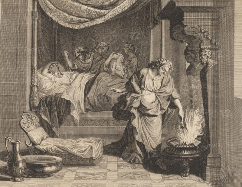 Birth of Meleager, print, Interior with three Fates at the birthing bed of Althaea, the mother of Meleager. At the birth of Meleager, the Fates decreed that he would die when a certain log was consumed in the fire. On the right, the log in question is being removed from the fire., : '60', inscription: 'Allert', printmaker: Jacob Folkema, Northern Netherlands, after painting by Charles Le Brun, c. 1714 - c. 1720, paper, etching, engraving, height 188 mm x width 246 mm, 1714, birth of Meleager: Althaea, his mother, warned by a prediction of the Fates, snatches a brand from the fire, A monochrome engraved scene showing a bed with heavy drapery and a reclining figure covered in blankets, surrounded by three standing figures including one holding a small child and another raising an arm, while a central robed woman leans forward toward a brazier with tall flames; ornate architectural elements and carved busts flank the right side, and a low cushioned chair, a basin, and a pitcher sit on the...