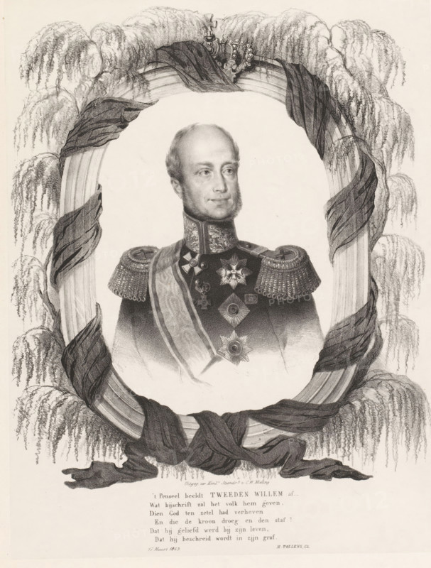 Portrait of William II, King of the Netherlands, print, Portrait of William II in an oval with weeping willow branches and mourning veil. A crown at the top center. Below the portrait, a six-line Dutch verse., inscription: 'Reeds bij Oranjeportretten Gm', inscription: 'Died Tilburg, 17 March 1849.', number: '7189', printmaker, writer (clerical worker), printer (person), Netherlands, The Hague, paper, chine collé, lithography, lithografie, height 367 mm x width 273 mm, Person, William II of the Netherlands, historical persons, king, (military) uniforms, A detailed monochrome portrait of a man shown from the chest up wearing a decorated military uniform with ornate epaulettes and a high collar, adorned with several star-shaped medals and a sash across his chest; his hair is short and he has sideburns, and his expression is calm with his gaze directed slightly to the side. The portrait is set within a large oval frame wrapped with draped fabric that has visible folds and shading, and the ...