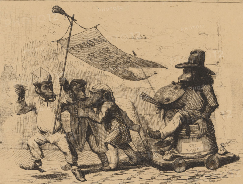 Triomphe de la peinture, Satire op de schilderkunst (Triumph of painting), print, Three dressed monkeys are pulling a cart on which another monkey is sitting, holding a palette, a stick, and brushes, with a pipe in his mouth and a hat on his head. The leading monkey carries a banner with the inscription: Triomphe de la peinture. The target of the satirical depiction is the bohemian painter and possibly also realistic French painting. The appearance and attire of the painter depicted as a monkey are reminiscent of that of the painter Gustave Courbet., France, c. 1850 - c. 1870, printmaker, materials by function, paper, ink, etching, soft-ground etching, etching on Chine-volant, height 125 mm x width 160 mm, monkeys, apes, chariot, triumphal car, parody on art, caricature of painting, A pen-and-ink drawing on aged paper showing four anthropomorphic monkeys in clothing arranged across the scene; three smaller figures on the left wear varied garments and carry a large flag on a pole, one i...