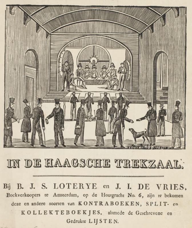 Portrait of Johann Georg Heinrich Hassel, print, 1810 - 1840, printmaker, paper, etching, height 228 mm x width 137 mm, Person, Johann Georg Heinrich Hassel, historical persons, A black and white engraved scene of an interior hall with a vaulted ceiling and large archways showing a raised platform where seated men wearing hats face forward while a few standing figures flank them, rows of vertical wall paneling, people in long coats and top hats standing and walking in the foreground, some holding papers or walking sticks, a dog near one figure, and simple staircases and doorways visible at the sides.