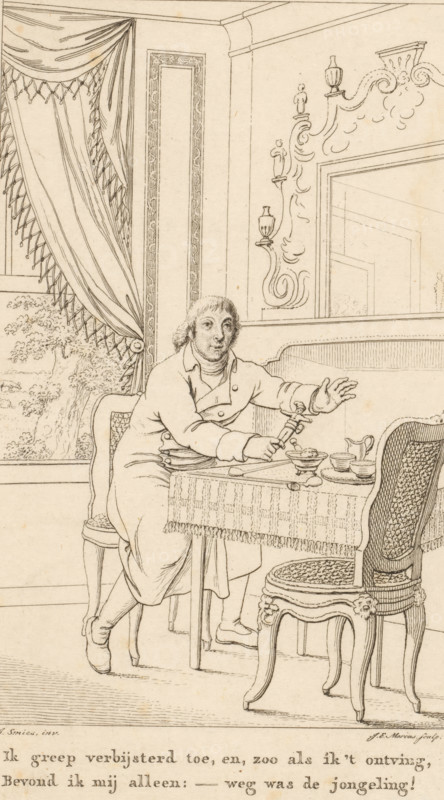 Man sitting at a table with a doll in his hand, print, book illustration, With two-line caption in Dutch., printmaker: Jacob Ernst Marcus, after design by Jacob Smies, 1808, paper, etching, height 220 mm x width 131 mm, Print probably from: Fokke Simonsz., Arend. Dorus or the Child Prodigy, a nosocomical intellectual fruit, Amsterdam: Johannes van der Hey, 1808. Later state used in publication from 1832., communal rooms, table, dolls for adults, arm stretched forward, A man wearing a long coat and cravat sits at a table covered with a fringed cloth, one arm extended and the other holding a small object; the table holds dishes and a pitcher and is flanked by two carved chairs with woven seats and backs. Behind him a draped curtain with tassels partially covers a window showing foliage outside, and an ornate wall panel with scrollwork and small decorative urns and figures rises beside a doorway. The room shows molded wall trim and a patterned floor beneath the furniture.