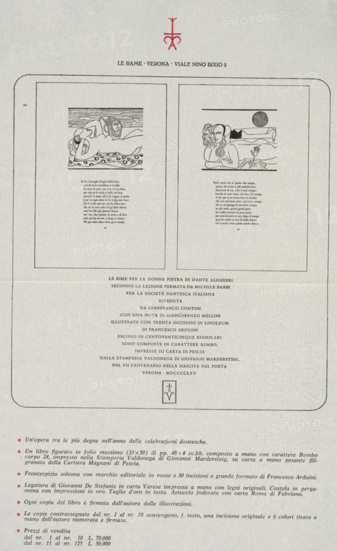Prospectus for: Dante Alighieri, Le rime per la donna Pietra, 1965, photomechanical print, prospectus, Prospectus of a single sheet, with two sample pages (reduced) shown, as well as detailed publication data., watermark: 'G. Amatruda, Amalfi', cliché maker: anonymous, after print by Francesco Arduini, printer (person): Stamperia Valdonega, Verona, publisher: Le Rame, Amsterdam, Francesco Arduini, after print by, writer (clerical worker), printer (person), paper, printing block, letterpress printing, height 337 mm x width 214 mm, Prospectus for: Dante Alighieri. Le time per la donna Pietra. Verona: Le Rame, 1965., print, eg: engraving, etching, lithograph, printed matter, A vertically oriented printed page with a rounded rectangular border containing two framed rectangular illustrations side by side near the top, each with a simple black line drawing of reclining figures and decorative patterns above blocks of small printed lines; a red stylized emblem is centered above the frames near...