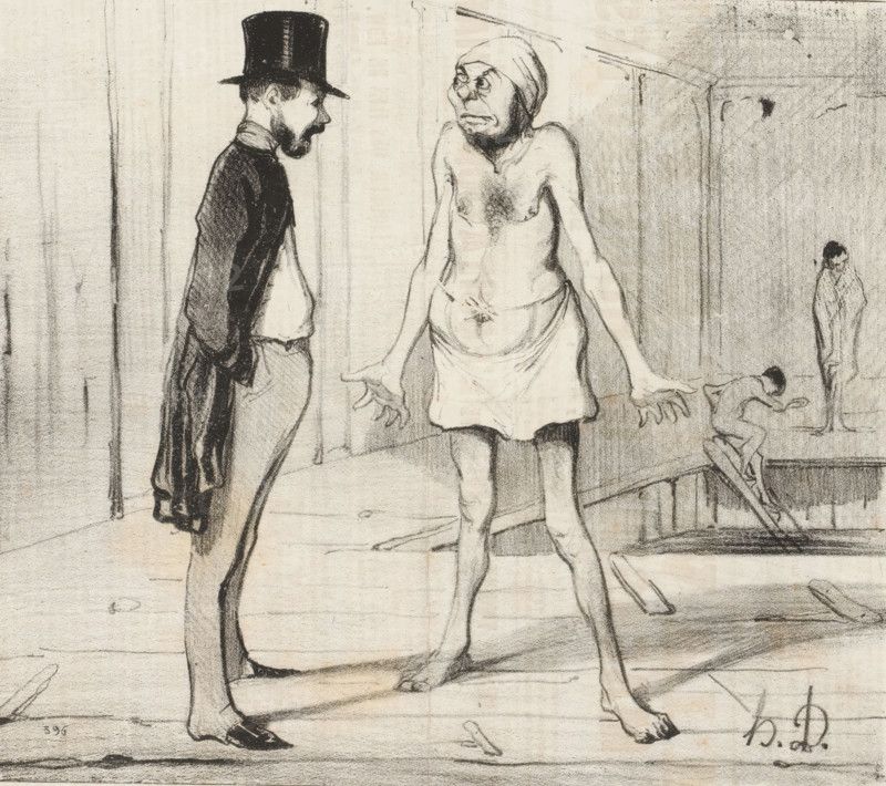 Man in swimming trunks speaks to a dressed man, Une profession du foi, Bathing men, Les baigneurs, cartoon, print, Series number, 23, 30, printmaker: Honoré Daumier, printer (person): Aubert & Cie., Paris, 1842-09-23, printer (person), paper, lithography, letterpress printing, height 236 mm x width 278 mm, A monochrome pencil drawing showing a tall man in a dark coat and top hat facing a nearly naked figure wearing a head covering and a short apron, the nearly naked figure standing with arms outstretched and an exaggerated facial expression, both standing on a wooden floor. In the background a small figure is crouched on a ledge reaching toward the floor while another stands wrapped in a cloth near a wall with vertical panels. The scene includes visible floorboards, some scattered small objects on the floor, and textured shading across the walls and figures.