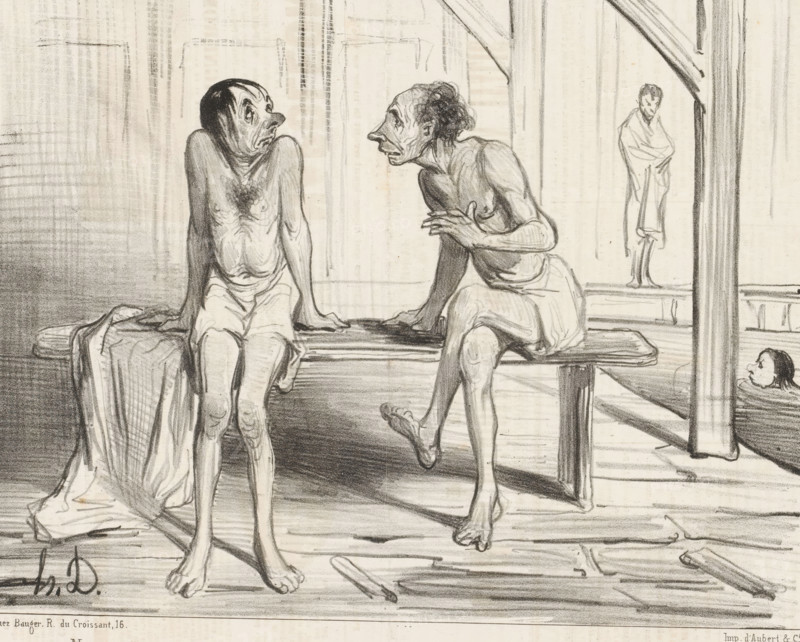 Two men on a bench in the swimming pool, Les baigneurs, Men bathing, cartoon, print, Series number, 16, 30, printmaker: Honoré Daumier, printer (person): Aubert & Cie., Paris, publisher: Bauger, 1840-08-30, printer (person), paper, lithography, letterpress printing, height 244 mm x width 290 mm, Two thin, seated figures on a wooden bench face each other with hunched shoulders and expressive, gaunt faces; both wear minimal cloth wraps and have visible ribbing and muscle detail. The figure on the left sits with hands resting on the bench beside them, legs extended downward, and an anxious upward gaze. The figure on the right leans forward with one hand on the bench and the other raised near the chest, one leg bent with foot resting on the bench edge and the other leg hanging down with toes pointed. Behind them, a standing figure wrapped in a long garment is positioned near a vertical support beam and an arched structural element, while a small head appears above a lower platform at the r...