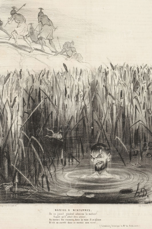 Marius a Minturnes, Marius hides in a swamp from Roman soldiers, Caricatures of ancient figures, Histoire ancienne, cartoon, print, Series number, 21, 50, printmaker: Honoré Daumier, printer (person): Aubert & Cie., Paris, publisher: Bauger, 1842-08-25, printer (person), paper, lithography, letterpress printing, height 325 mm x width 216 mm, A charcoal-style drawing showing tall reeds and marsh vegetation in the foreground with a man’s head emerging from water among ripples, his hair and beard wet and strands of water falling from his face, a frog leaping above the dark water, and in the background a sloping bank where several armed figures in classical helmets and tunics climb up and move away, one figure crouching and looking back.