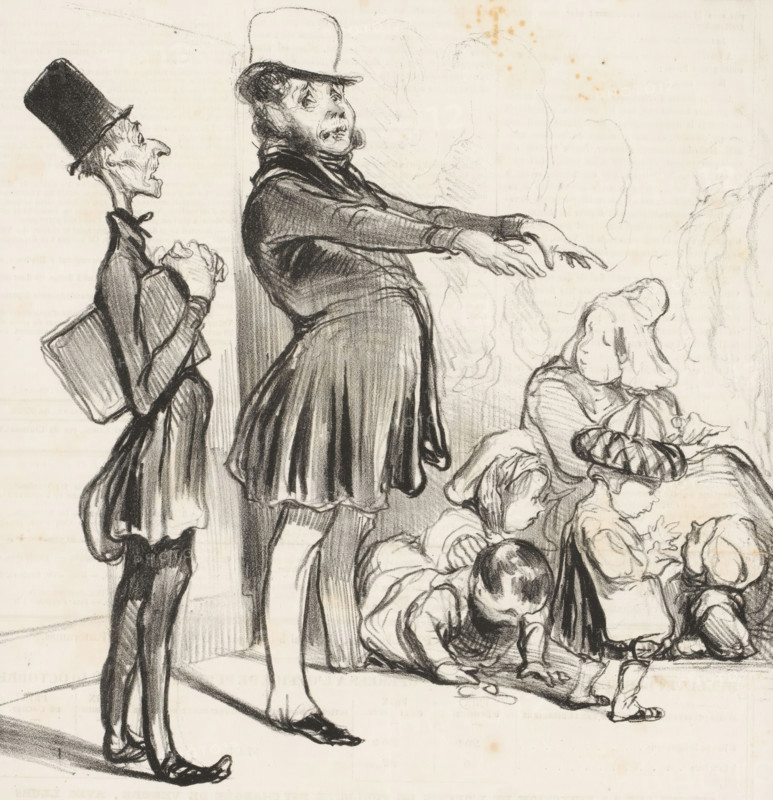Robert Macaire and Bertrand with a group of children, Laissez venir à moi les petits enfans!, Caricatures, Caricaturana, cartoon, print, Series number, 93, 100, printmaker: Honoré Daumier, after design by Charles Philipon, printer (person): Aubert & Cie., Paris, 1838-10-14, printer (person), paper, lithography, letterpress printing, height 305 mm x width 238 mm, A tall slender man in a high top hat stands with hands clasped and a satchel at his side, facing a shorter, rounder man wearing a bowler hat whose arms are extended forward and whose expression appears strained; nearby several children sit and kneel on the ground in various poses, with one child leaning forward drawing or writing and another wearing a striped cap, all rendered in charcoal-like lines and shading on a light background.