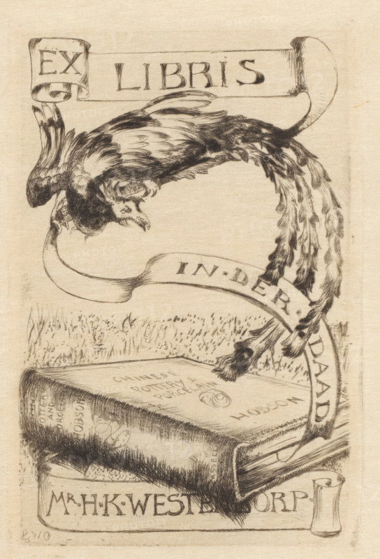 Ex Libris of Herman Karel Westendorp, bookplate, Ex libris of jurist and collector Herman Karel Westendorp, with a bird, a banner with the motto 'in. der. daad.' and the famous standard work by RL Hobson, Chinese pottery & Porcelain., printmaker: Betsy Westendorp-Osieck, Amsterdam, 1900 - 1941, paper, etching, drypoint, etching and drypoint, height 94 mm x width 65 mm, Person, Herman Karel Westendorp, birds, book, ex-libris, A detailed ink drawing of a bird with ruffled feathers perched above a stack of books, the bird shown in profile with its head turned downward and long, flowing tail feathers cascading beside the books; a ribbon-like banner weaves around the composition above and below the bird, curving and folding with visible shading; the books display textured covers and visible page edges, and the top book rests slightly askew on the one beneath; the background shows a faint suggestion of grass behind the stack, and the overall image is rendered on a warm-toned paper with fine ...