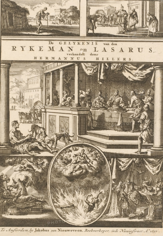 Title page for: H. Hillers, De gelykenis van den ryke man en Lazarus, 1698, Parable of the rich man and poor Lazarus, print, title page, The story of Lazarus and the rich man in one large and five small illustrations. The rich man's meal is depicted as the central illustration., printmaker: Jan Luyken, Amsterdam, publisher: Jacobus van Nieuweveen, 1697 - 1698, Jan Luyken, Jacobus van Nieuweveen, printmaker, publisher, paper, etching, height 183 mm x width 133 mm, Title page for: Hillers, Herman. De gelykenis van den ryke man en Lazarus. Amsterdam: Jacobus van Nieuweveen, 1698., Dives dies, his soul is brought into hell by devils, the rich man (Dives) is feasting, while poor Lazarus is staring at the gate (dogs licking Lazarus' troubles) (Luke 16:19-31), An engraved scene divided into horizontal sections showing architectural colonnades and draped fabric, a raised banquet table with seated and standing figures being served, people on steps and in a portico, a foreground area with reclin...