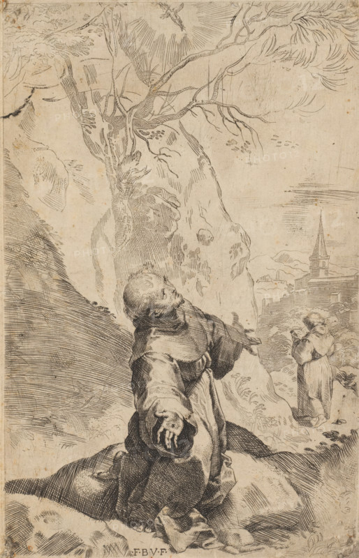 Stigmatization of Saint Francis, print, Saint Francis kneeling by a tree, arms outstretched, his gaze fixed on a crucifix above him in the sky. In the background a brother seen from behind, reading while walking towards a church., printmaker: Federico Barocci, Urbino, 1581 - 1585, Marche, paper, etching, engraving, stipple work, drypoint, height 231 mm x width 147 mm, stigmatization of St. Francis of Assisi: in retreat on Mount Alverna, he holds a vision of Christ on the cross enveloped by wings (like a seraph with six wings), rays passing down to the body of the kneeling saint form the marks of the five wounds of Christ, A monochrome ink drawing shows a robed figure kneeling on a rocky slope with arms outstretched and head tilted upward, the robe rendered with dense crosshatching and folds. In the background a second robed figure stands among trees or bushes, holding something close to their face. A large gnarled tree with exposed branches fills the upper center, its trunk and roots i...