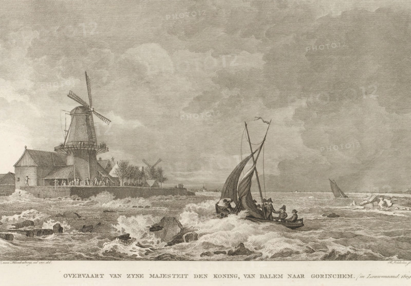 Lodewijk Napoleon sails from Dalem to Gorinchem, 1809, Crossing of His Majesty the King, from Dalem to Gorinchem. (in January 1809.), Plates and maps belonging to the historical report of the Dike Breaches and Floods, in January 1809, Prints and maps belonging to the historical report of the floods in South Holland and Gelderland in January 1809, print, Stated at the bottom right: Proof print., printmaker: Reinier Vinkeles (I), Amsterdam, after drawing by Cornelis van Hardenbergh, Netherlands, publisher: Johannes Allart, publisher: Jacobus Ruys, paper, etching, engraving, height 250 mm x width 337 mm, Print also used to illustrate: Hendrik Ewijk. Historical account of the dike breaches and floods along the rivers in the Kingdom of Holland, occurred in January 1809. 3 vols. Amsterdam: Johannes Allart and Jacobus Ruys, 1809., Person, Louis Napoleon (King of Holland), sailing-ship, sailing-boat, windmill, dike-break, Flood of 1809, Gorinchem, Dalem, Period, 1809-01, A seascape scene rende...