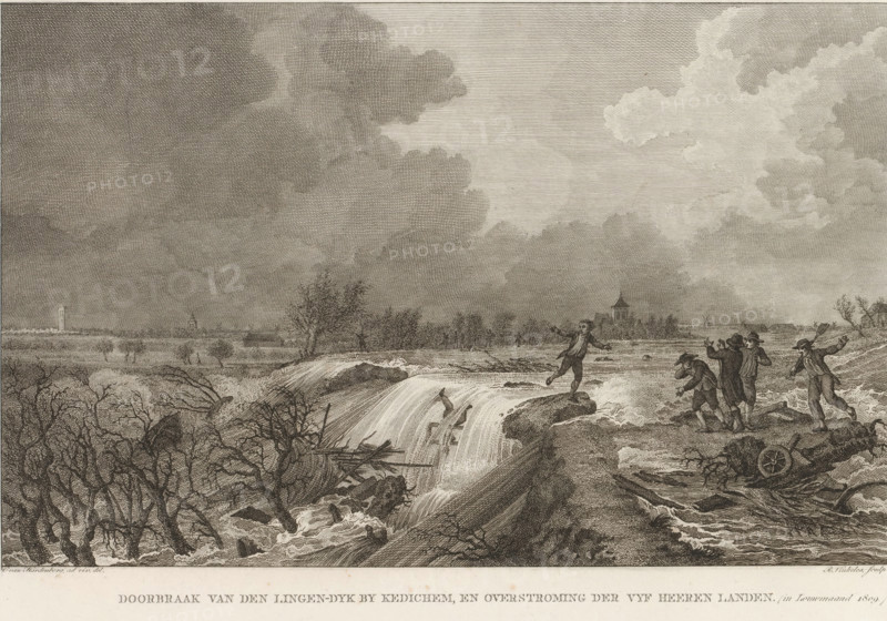 Dike breach at Kedichem, 1809, Breach of the Lingen dike by Kedichem, and flooding of the Five Lords' Lands. (in January 1809.), Prints and maps accompanying the historical account of the floods in South Holland and Gelderland in January 1809, Plates and maps belonging to the historical account of the Dike Breaches and Floods, in January MDCCCIX, print, Stated at the bottom right: Proof print., printmaker: Reinier Vinkeles (I), Amsterdam, after drawing by Cornelis van Hardenbergh, Kedichem, publisher: Johannes Allart, publisher: Jacobus Ruys, Reinier Vinkeles (I), Cornelis van Hardenbergh, Johannes Allart, Jacobus Ruys, printmaker, after drawing by, publisher, paper, etching, engraving, height 254 mm x width 342 mm, Print also used to illustrate: Hendrik Ewijk. Historical account of the dike breaches and floods along the rivers in the Kingdom of Holland, occurred in January 1809. 3 vols. Amsterdam: Johannes Allart and Jacobus Ruys, 1809., dike-break, death by drowning (non-violent), Fl...
