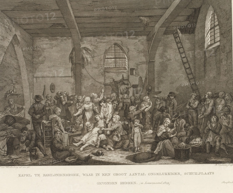 Shelter for victims in Babyloniënbroek, 1809, Chapel in Babyloniënbroek, where a large number of unfortunates found shelter (in January, 1809.), Prints and maps accompanying the historical report of the floods in South Holland and Gelderland in January 1809, Plates and maps accompanying the historical report of the Dike Breaches and Floods, in January MDCCCIX, print, Stated at the bottom right: Proof print., printmaker: Reinier Vinkeles (I), Amsterdam, after drawing by Cornelis van Hardenbergh, Babyloniënbroek, publisher: Johannes Allart, publisher: Jacobus Ruys, paper, Etching, engraving, height 252 mm x width 343 mm, Print also used to illustrate: Hendrik Ewijk. Historical report of the dike breaches and floods along the rivers in the Kingdom of Holland, occurred in January 1809. 3 vols. Amsterdam: Johannes Allart and Jacobus Ruys, 1809., interior of church, rescue work during a flood, Flood of 1809, Period 1809-01, A large interior space with a high wooden ceiling supported by beams...