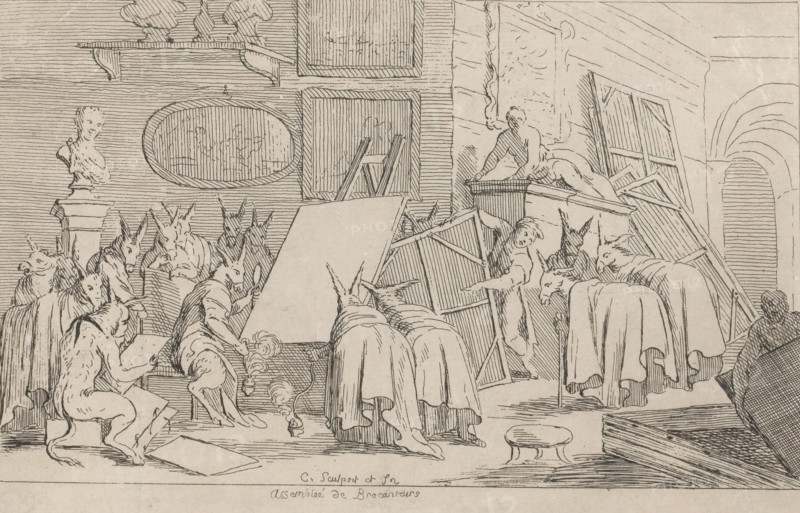 Art connoisseurs and dealers presented as donkeys, Assemblée de Brocanteurs, print, A satire on the art business in which art connoisseurs and dealers who assess paintings are presented as donkeys. After the drawing by Trémolières in the Hessisches Landes Museum in Darmstadt., printmaker: Anne Claude Philippe Caylus, Paris, after drawing by Pierre Charles Trémolière, c. 1750 - c. 1765, paper, etching, height 148 mm x width 229 mm, ass, donkey, art dealer, parody on art, A detailed line drawing of an interior filled with animals and objects, showing many figures with long ears and snouts seated and standing around tables and easels, some wearing draped cloths over their shoulders and backs; a large central blank rectangular panel or canvas is propped on an easel, surrounded by framed panels and stacked wooden frames leaning against walls; a statue bust on a pedestal appears on the left wall beneath a shelf holding small sculptural forms, and an oval framed picture hangs nearby; a reclin...