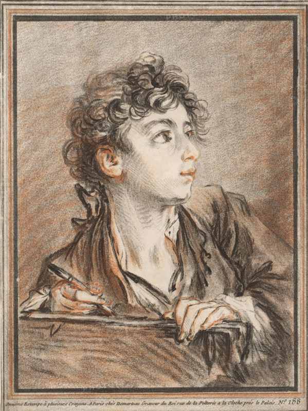 The young draftsman, print, A young draftsman looks out of frame to the right. His left hand rests on a folder and in his right hand he holds a chalk holder., printmaker: Gilles Demarteau, Paris, after drawing by François Boucher, c. 1750 - c. 1775, paper, etching, etching in crayon style printed in red and black, height 207 mm x width 154 mm, drawing-lesson, draughtsman at work, A detailed drawing of a young person shown from the chest up, turned in profile to the right, with curly hair rendered in dark and reddish tones, light skin shading, and wide eyes looking upward; the figure wears loose layered clothing with visible folds and holds a slender tool in one hand while the other hand grips the edge of a surface; the background is textured with soft shading and the composition is enclosed by a decorative double-lined border.