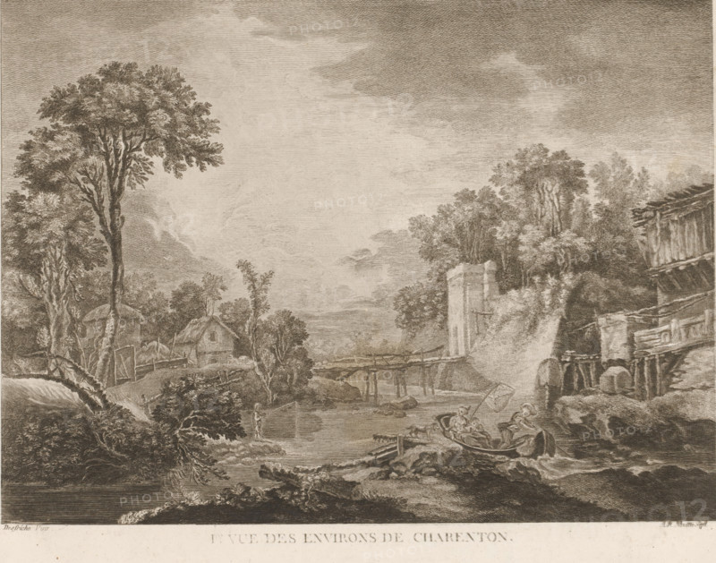 Landscape with wooden bridge over a river near Charenton, Ire Vue des Environs de Charenton, print, printmaker: Angélique Moitte, after painting by Aignan Thomas Desfriches, 1750 - 1799, paper, etching, height 222 mm x width 277 mm, rowing-boat, canoe, river, bridge, landscapes in the temperate zone (landscape with figures, staffage), Charenton-du-Cher, A sepia-toned etched landscape shows a river scene with tall leafy trees on both banks, a wooden bridge crossing the water, rustic buildings and thatched roofs near the left bank, and a stone structure partially overgrown on the right. Small boats float on the river with figures seated inside one boat and another figure standing at the water's edge holding a long pole. Rocky banks, wooden fences, and dense foliage occupy the foreground and middle distance while a wide, textured sky fills the upper portion of the image.