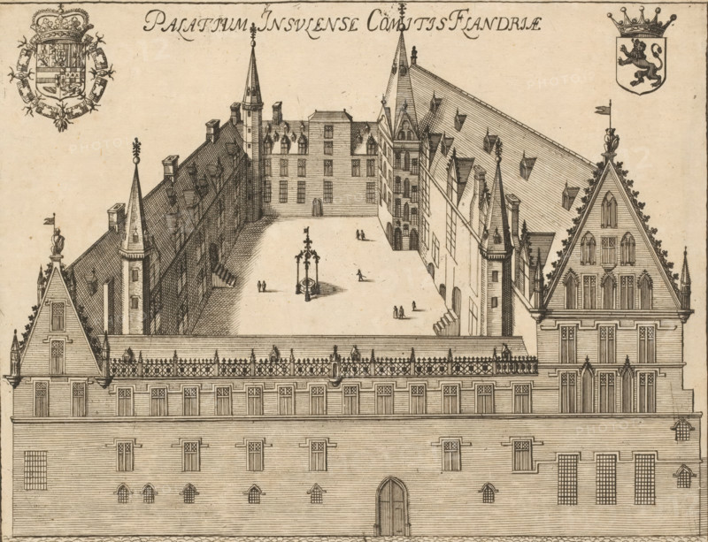 View of the palace of the Count of Flanders near Lille, Palatium Insulense Comitis Flandriae, print, book illustration, printmaker: attributed to Lucas Vorsterman (II), Antwerp, 1659, Attributed to, paper, etching, engraving, height 180 mm x width 235 mm, Print probably from: Sanderus, Antonius. Chorographia sacra Brabantiae. Brussels: Philips Vleugaert, 1659., armorial bearing, heraldry, palace, inner court of palace or 'hôtel', Lille, An architectural engraving showing a large rectangular courtyard surrounded by multi-story buildings with steep gabled roofs, pointed turrets, chimneys, and rows of rectangular windows, with decorative roof finials and flagpoles atop some gables; a central ornate well or fountain with a tall decorative canopy stands in the middle of the courtyard, and small groups of tiny human figures are scattered around it; the foreground shows a long facade with evenly spaced windows and a central arched doorway, while the upper corners contain two heraldic shields ...
