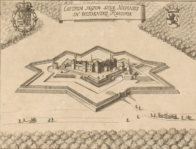 View of the palace of the Count of Flanders near Bruges, Palatium Brugense Comitis Flandriae, print, book illustration, printmaker: attributed to Lucas Vorsterman (II), Antwerp, 1659, Attributed to, paper, etching, height 179 mm x width 236 mm, Print probably from: Sanderus, Antonius. Chorographia sacra Brabantiae. Brussels: Philips Vleugaert, 1659., armorial bearing, heraldry, palace, inner court of palace or 'hôtel', Bruges, An engraved bird's-eye view of a star-shaped fortification with angular outer earthworks and palisade lines enclosing an inner complex of buildings including towers, crenellated walls, pitched roofs, and a central cross-topped steeple, surrounded by areas of patterned earth and pathways; clusters of small human figures are depicted outside the fort engaged in various actions and near a horse-drawn wagon, and a dense forested area with stylized trees frames the scene at the top and bottom, while heraldic shields with emblems appear near the upper corners and a dec...