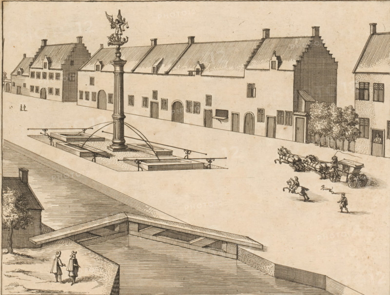 Village street with fountain with the Archangel Michael, print, book illustration, A canal with a sluice runs through the street., printmaker: attributed to Lucas Vorsterman (II), Antwerp, 1659, Attributed to, paper, etching, engraving, height 180 mm x width 237 mm, Print probably from: Sanderus, Antonius. Chorographia sacra Brabantiae. Brussels: Philips Vleugaert, 1659., public road in village, ornamental fountain (in village), canals, waters (in village), sluice, weir, the Archangel Michael (often in armour with sword or lance), A wide street scene rendered in fine linework showing a row of tall gabled buildings with pitched roofs and small windows, a central column topped with a winged figure and decorative elements standing in a rectangular fountain area with curved water jets, a carriage drawn by horses with a driver and a mounted rider nearby, a few pedestrians including two figures walking by a canal with a stepped bridge, a cluster of trees next to one building, and detailed ar...