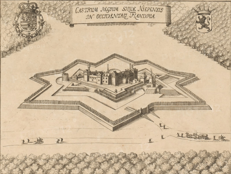 Burcht ter Walle in the Niepebos, Castrum Regium Silvae Niepensis in Occidentali Flandria, print, book illustration, printmaker: attributed to Lucas Vorsterman (II), Antwerp, 1659, Attributed to, paper, etching, height 180 mm x width 235 mm, Print probably from: Sanderus, Antonius. Chorographia sacra Brabantiae. Brussels: Philips Vleugaert, 1659., armorial bearing, heraldry, castle, fortress, French Flanders, A bird's-eye view drawing of a star-shaped fort with pointed bastions and palisade walls surrounding a central cluster of buildings including towers, pitched roofs, turrets, and a small church spire, set within cleared ground; decorative leafy trees frame the top and bottom edges; heraldic crests appear near the upper corners, one with a crown and ornate shield and the other showing a crowned shield with a lion; small groups of tiny human figures and a horse-drawn wagon are visible on the plain outside the fort; a rolled banner is drawn near the top center.