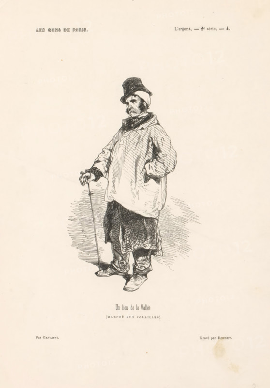 Un lion de la Vallée (marché aux Volailles), Standing man with hat and walking stick, People from Paris, Les gens de Paris, print, book illustration, Top right: L'argent. - 2nd series. - 4., printmaker: Georges Rouget, France, after design by Paul Gavarni, 1846, Georges Rouget, Paul Gavarni, printmaker, after design by, paper, wood engraving, letterpress printing, with text in letterpress, height 275 mm x width 196 mm, Print probably from: Sand, George. Le diable à Paris: Paris et les Parisiens, Paris: J. Hetzel, 1846., head-gear: hat, walking-stick, staff, Paris, A monochrome ink drawing of a standing figure wearing a loose coat, layered skirt, and boots, holding a thin cane in one hand while the other hand rests in a pocket; the figure has a hat and a scarf, a mustache, and a somber facial expression, with crosshatched shading around the clothing and ground and large areas of blank paper surrounding the figure.
