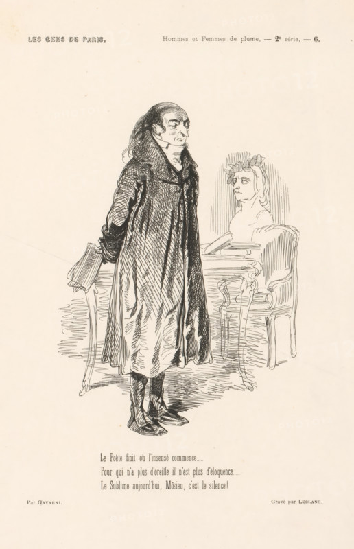 Poet standing in interior with papers in his hand, People from Paris, Les gens de Paris, print, book illustration, Top right: Hommes et Femmes de plume. - 2nd series. - 6. With three-line verse in French, printmaker: Félix Leblanc, France, after design by Paul Gavarni, 1846, paper, wood engraving, letterpress printing, with text in letterpress, height 276 mm x width 196 mm, Print probably from: Sand, George. Le diable à Paris: Paris et les Parisiens, Paris: J. Hetzel, 1846., book, writer, poet, author, Fame, 'poeta laureatus', A black ink drawing on a light background showing a tall man standing in profile with long hair and a long overcoat, hands behind his back, holding a folded item, and wearing boots; he faces a seated bust-like female figure on an ornate chair or pedestal, the woman shown with a wreath on her head and a book resting on her lap; the scene includes sketched lines suggesting floor texture and furniture legs, and printed headings and small blocks of text appear above ...