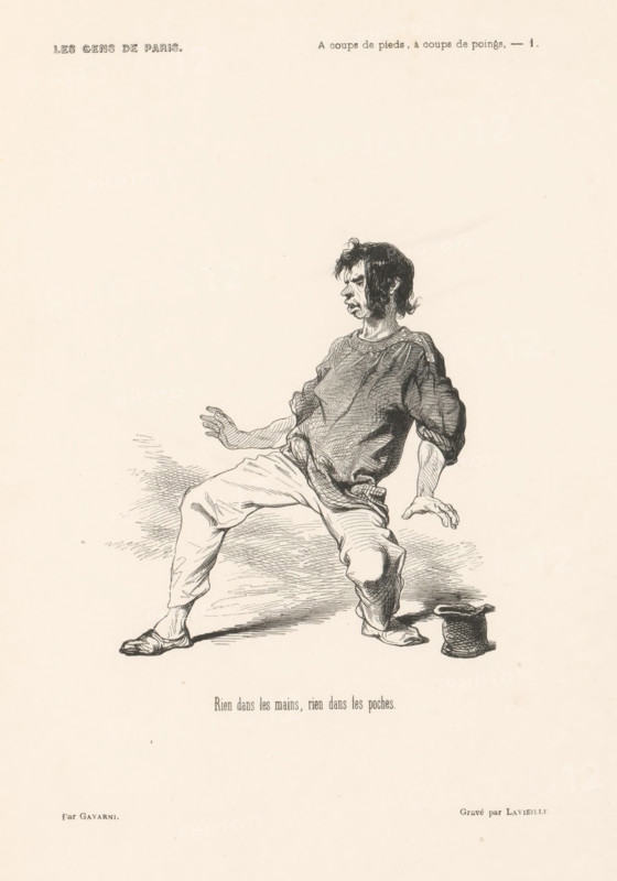 Rien dans les mains, rien dans les poches, Man with hat next to him bends backwards, People from Paris, Les gens de Paris, print, book illustration, Top right: A coups de pieds, à coups de poings. - 1., printmaker: Jacques Eugène Adrien Lavieille, France, after design by Paul Gavarni, 1846, paper, wood engraving, letterpress printing, with letterpress text, height 273 mm x width 192 mm, Print probably from: Sand, George. Le diable à Paris: Paris et les Parisiens, Paris: J. Hetzel, 1846., the poor, leaning backward, A pen-and-ink drawing of a thin, disheveled man seated with a surprised or tense expression, his hair unkempt and his face turned to the side; he wears a loose, wrinkled shirt with rolled sleeves and baggy trousers tucked into simple footwear, one hand extended outward and the other resting near his hip, and a small hat lies on the ground beside him.