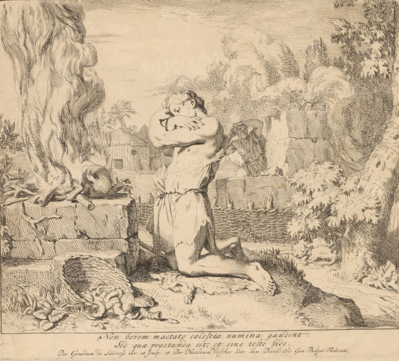 Sacrifice of Cain and Abel, Scenes from Genesis, print, Series number 4, 7, Cain and Abel kneeling before their altar of sacrifice. In the foreground, Abel's sacrifice is approved by God: the smoke rises upwards. In the background, Cain's sacrifice is disapproved: the smoke falls downwards. With a two-line caption in Latin. Numbered 4. in the lower right, printmaker: Gerard de Lairesse, publisher: Nicolaes Visscher (I), Amsterdam, grantor of privilege: States General, c. 1665, paper, etching, height 220 mm x width 250 mm, the sacrifice of Cain and Abel: Abel offers a lamb, Cain usually a sheaf of corn, A detailed pen-and-ink scene shows a central kneeling male figure with bare torso and a cloth around his waist, his arms crossed over his chest and his head bowed; behind him a partially clothed figure leans on a stone structure with an arm raised to the head; the foreground contains a large reclining animal carcass and scattered bones and hides on a textured ground; the midground featur...