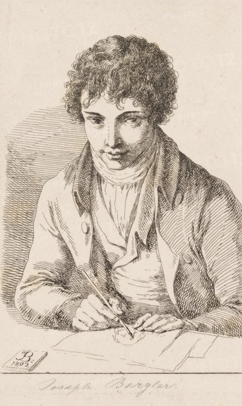Self-portrait as a draftsman, print, Self-portrait of the artist Joseph Bergler sitting at a table while looking in the mirror and drawing himself., stamp:, inscription: 'Joseph Bergler', printmaker: Joseph Bergler (II), Prague, 1802, paper, etching, height 198 mm x width 128 mm, Person, historical persons, portrait, self-portrait of artist, self-portrait of draughtsman, draughtsman at work, A sepia-toned ink drawing of a young person with curly hair shown from the torso up, looking downward while seated at a table, wearing a collared coat and a high-necked garment underneath, with one hand holding a slender implement and the other resting on the table near a circular mark, crosshatched shading defining facial features, clothing folds, and the background, and a small rectangular object placed on the table near the lower corner.