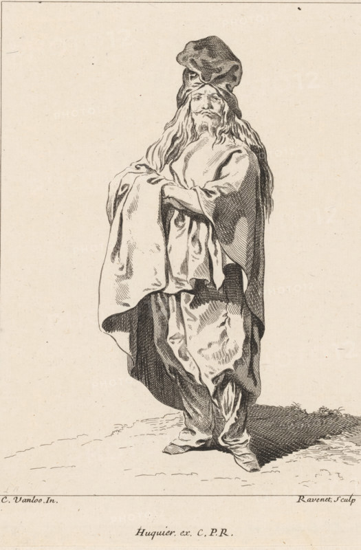 Standing figure, Collection of various dramatized poses, Recueil de Differentes charges Dessignée a Rome par Carloo Vanloo Peintre du Roy, print, Series number, 2, 12, Standing man with long hair, and arms crossed, seen from the front. Numbered top right: 2. Part of a series of twelve prints with figures in dramatized poses, often dressed in 'Oriental' fantasy costumes, after drawings by Carle van Loo, made during his stay in Rome (1728-1732), printmaker: Simon François Ravenet (le vieux), Paris, after drawing by Carle van Loo, Rome, publisher: Jacques Gabriel Huquier, provider of privilege: French crown, 1732 - 1740, paper, etching, height 235 mm x width 165 mm, actor (on the stage), passions, emotions, affections, characters (human types), Asiatic races and peoples (costume), A black and white line drawing of a standing figure wearing flowing draped garments and a large, loosely wrapped head covering; the figure has long hair and a long beard, a solemn facial expression, and arms cro...