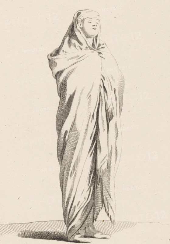 Standing figure with draped cloak, Collection of various dramatized poses, Recueil de Differentes charges Dessignée a Rome par Carloo Vanloo Peintre du Roy, print, Series number, 3, 12, Standing slender beardless figure with draped cloak held closed with hands in front of the chest. Numbered top right: 3. Part of a series of twelve prints with figures in dramatized poses, often dressed in 'Oriental' fantasy costumes, after drawings by Carle van Loo, made during his stay in Rome (1728-1732)., printmaker: Jacques-Philippe Le Bas, Paris, after drawing by Carle van Loo, Rome, publisher: Jacques Gabriel Huquier, grantor of privilege: French crown, 1732 - 1740, provider of privilege, paper, etching, height 235 mm x width 165 mm, actor (on the stage), passions, emotions, affections, characters (human types), Asiatic races and peoples (costume), A tall figure draped head to toe in a long flowing cloak, the cloak forming deep folds and shaded areas, with a covered head and a visible face showin...